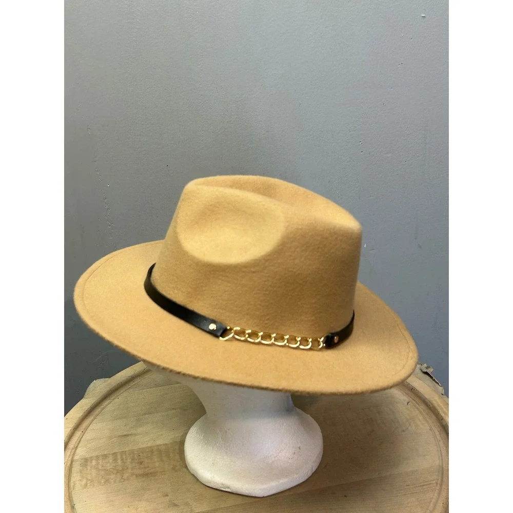 Kendall + Kylie Tan Felt Fedora Hat Wide Brim Chain Detail Women's One Size‎ NEW